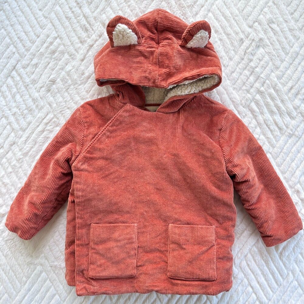 Hanna Andersson Baby Size 80 18-24M Fox Corduroy Sherpa Lined Hooded Jacket Coat